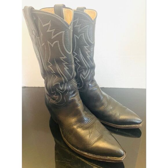 Vintage Justin Black Leather Cowboy Boots Pointed Toe Style 2005 Sz 9.5 D Men’s - Picture 1 of 12